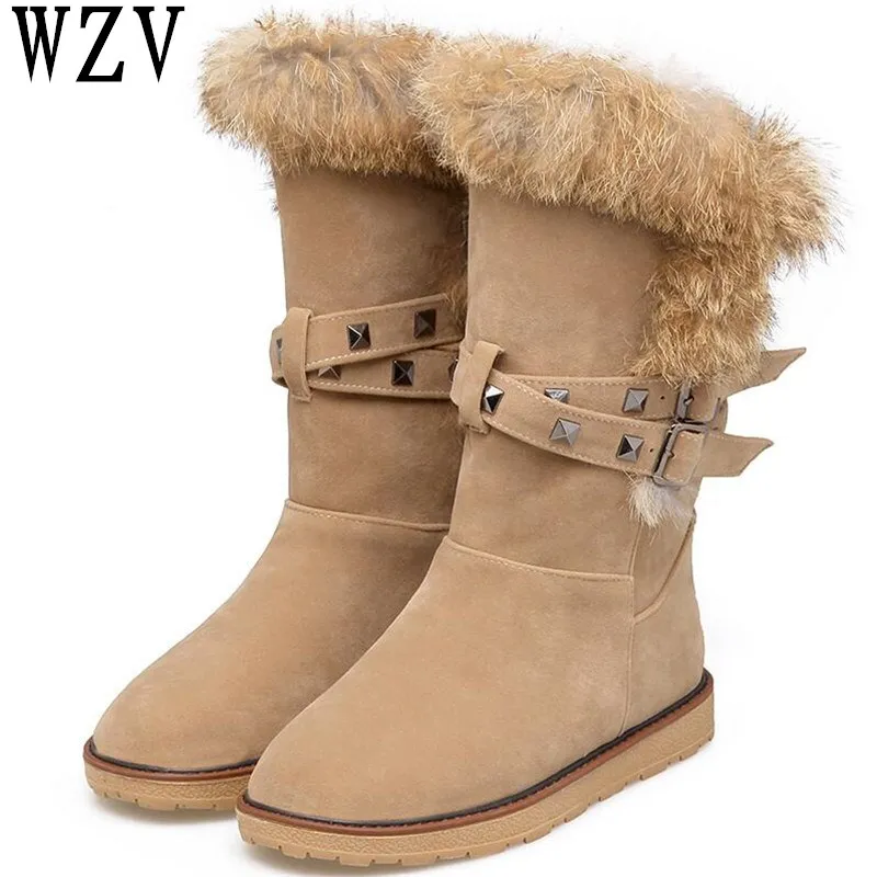 

Big size 34-43 Winter 2018 women boots Flat Rabbit hair Rivets Warm fur boots Snow boots Round Toe shoes woman Plush Zapatos