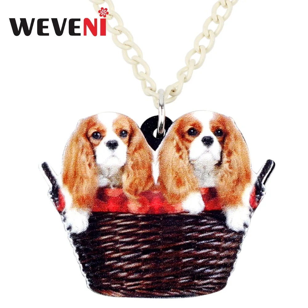 

WEVENI Acrylic Double Cavalier King Charles Spaniel Dog Basket Necklace Pendant Collar Anime Bijoux Jewelry For Women Girl Hot