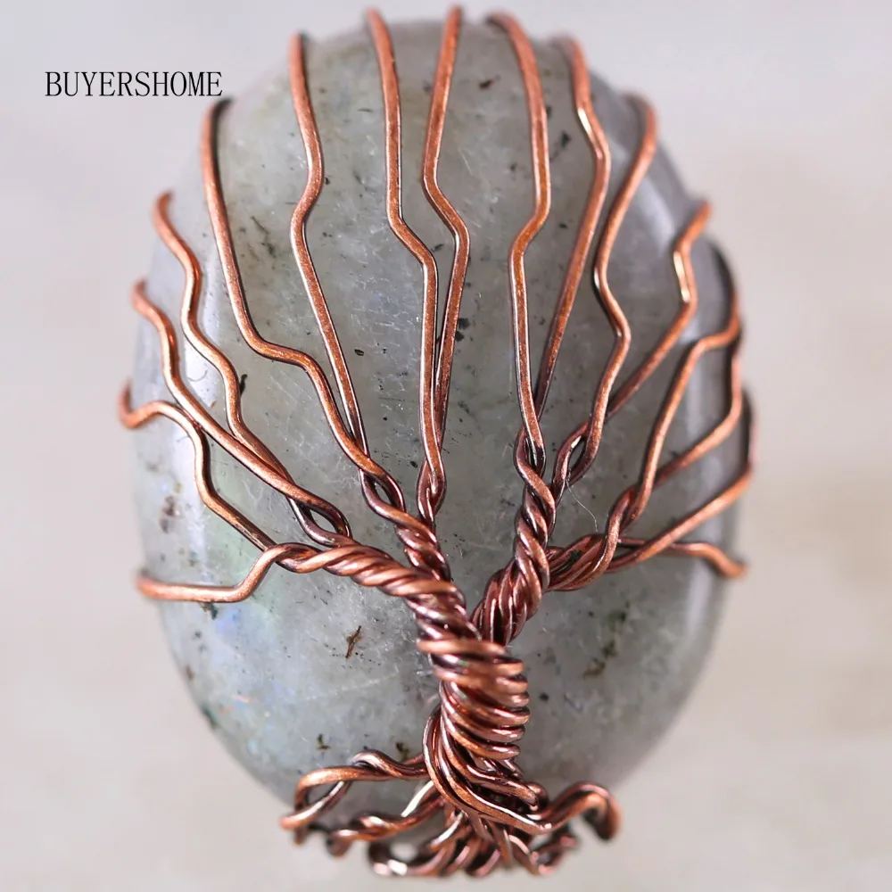 

Free Shipping Copper Wrapped Tree of Life Oval Bead Natural Stone Gray Labradorite Finger Ring 1Pcs Adjustalbe 7-9 Z005