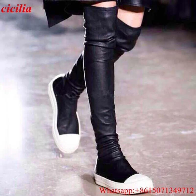 Sexy-Ladies-Slim-Legs-Stretch-Cow-Leather-Thigh-High-Boots-Patchwork-Flat-Thick-Rubber-Sole-Slip