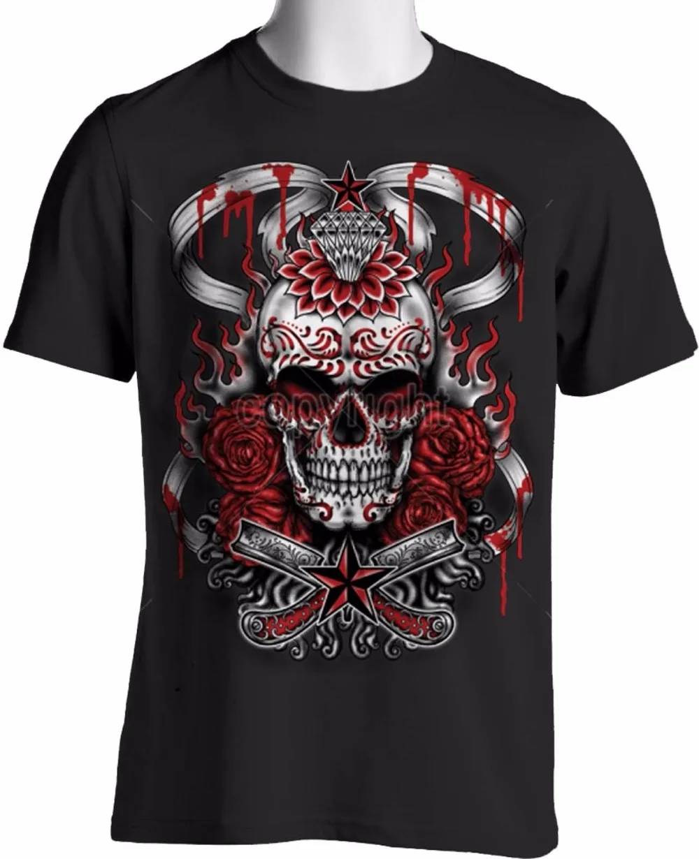 Cool Tees Regular Gothic Sugar Skull T Shirt Bloody Roses Tattoo Oversize Mens S To 3XL Crew Neck Short-Sleeve Mens Tee Shirt