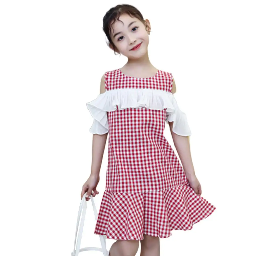 

Kids Girl Simple Plaid Dress Lotus Leaves Hem Sweet Dress