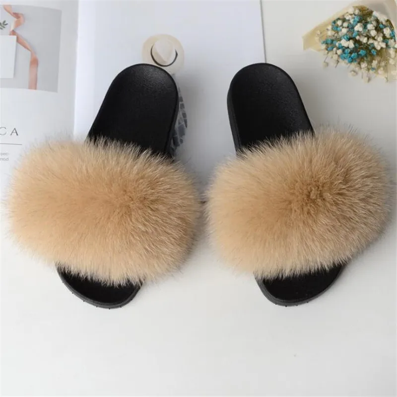 

Fur Slippers Girl Real Fox Fur Slides Home Furry Flat Sandals Child Cute Fluffy House Shoes Boy Luxury Real Fox Fur Flip Flops