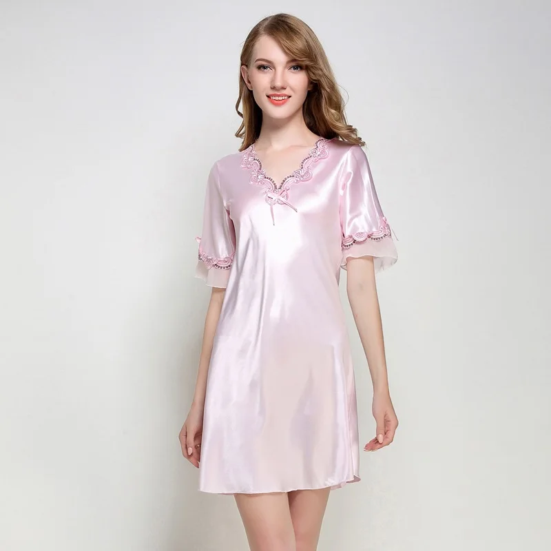 Women-Silk-Satin-Nightgown-Short-Sleeve-Sleepshirt-V-neck-Night-Shirt-Elegant-Night-Dress-Lace-Sleeping (5)