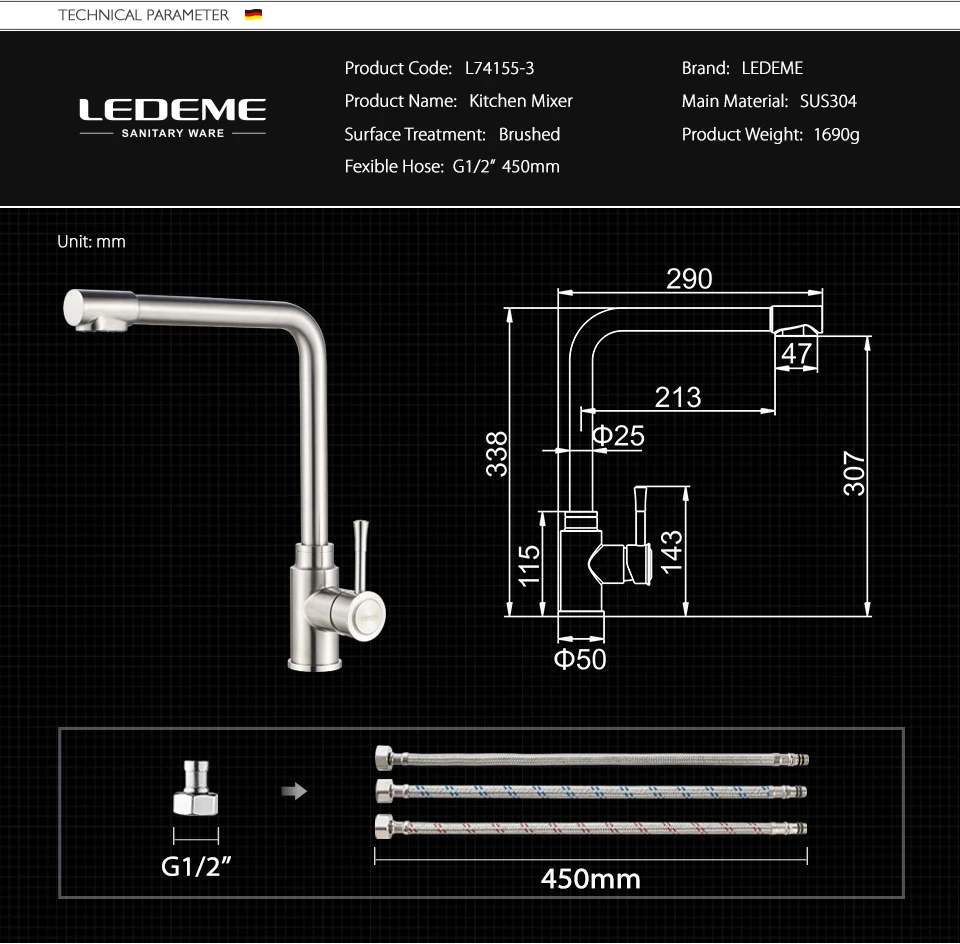 LEDEME смесители для кухни фильтр смеситель кран кухонная раковина на бортике кран вращение на 360 с очисткой воды особенности L74155-3