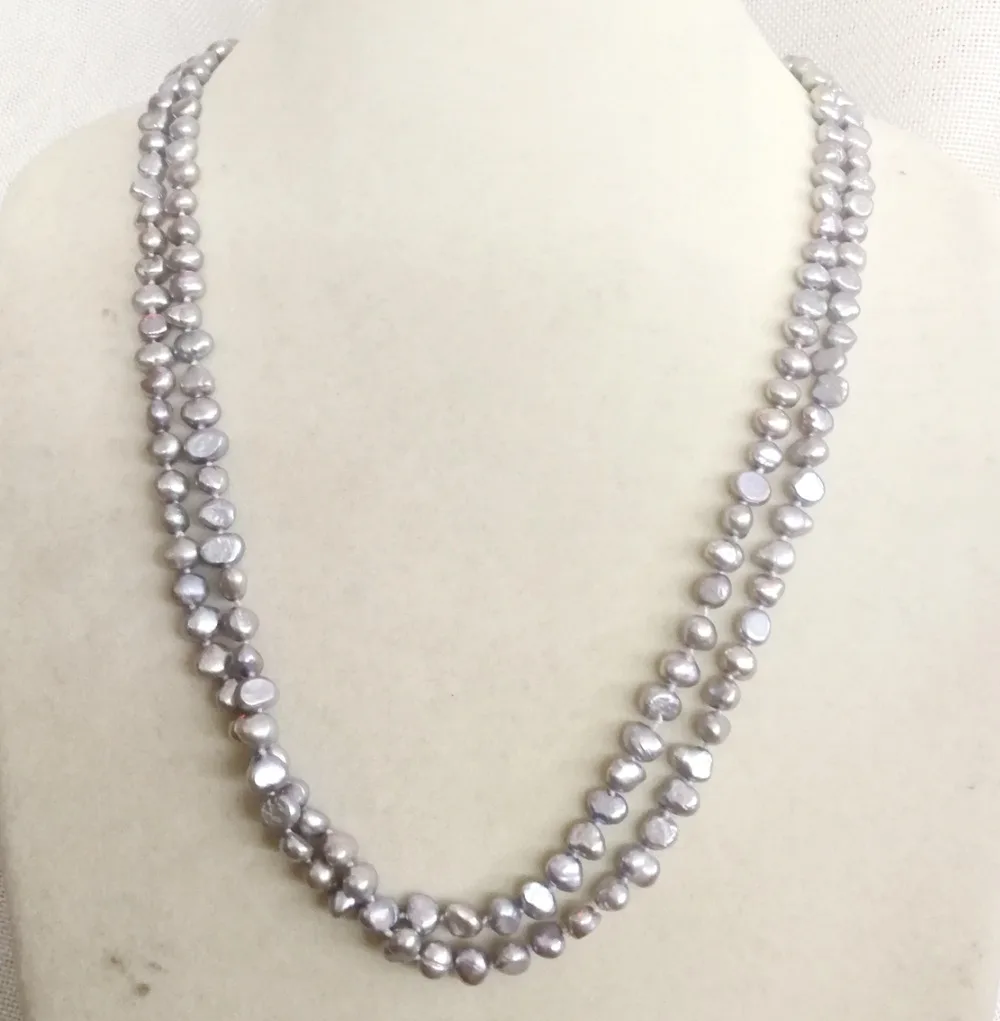 43cm 17'' Women Jewelry 2 strands necklace 7mm gray pearl baroque flat