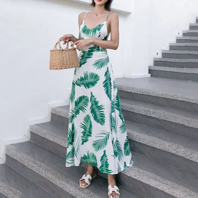 

New Backless Beach Maxi Dress Women Boho Leaf Printed Holiday Green Sexy Sundress Female Summer Fashion Cross Strap Long Dresses