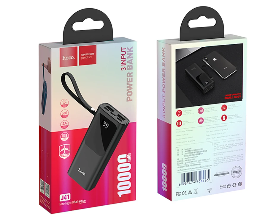 HOCO внешний аккумулятор 10000 мАч Мини USB светодиодный дисплей внешний аккумулятор портативный внешний аккумулятор для iphone xiaomi 9 Быстрая зарядка со шнурком