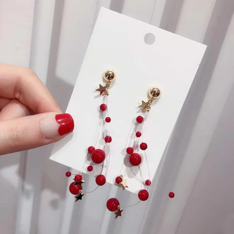 

MENGJIQIAO 2019 New Design Fish Line Simulated Pearl Tassel Long Drop Earrings For Women Elegant Wedding Oorbellen Jewelry Gifts