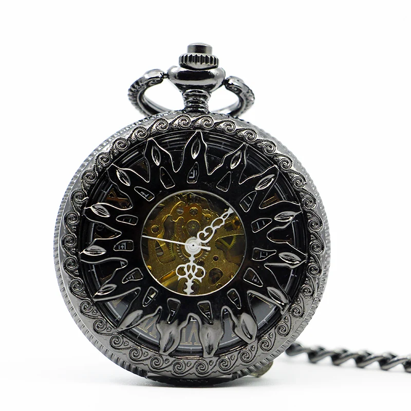 

Fashion Flower Sun Hollow Case Design Skeleton Mechanical Pocket Watch Gift Black Dial for Men Women PJX1223