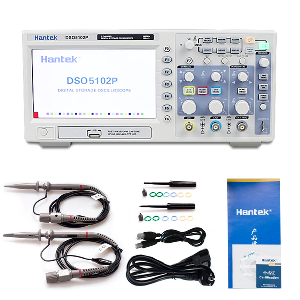 

Hantek DSO5102P 7.0-Inch Portable HD Digital Storage Oscilloscope 100MHz 2 Channels 40K Record Length USB Handheld Oscilloscopes