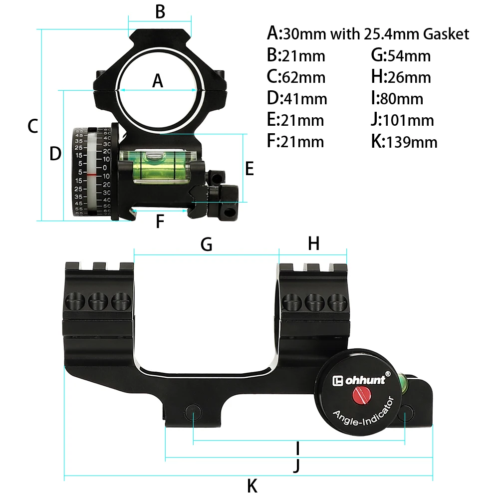 Escopo de Montagem Ferroviário com Trilho de Flutuação Livre e Nível de Bolha Ohhunt Caça Offset Bi-direção 30mm Anéis 21mm Picatinny 25.4mm 3 trilho de flutuação livre e nível de bolha