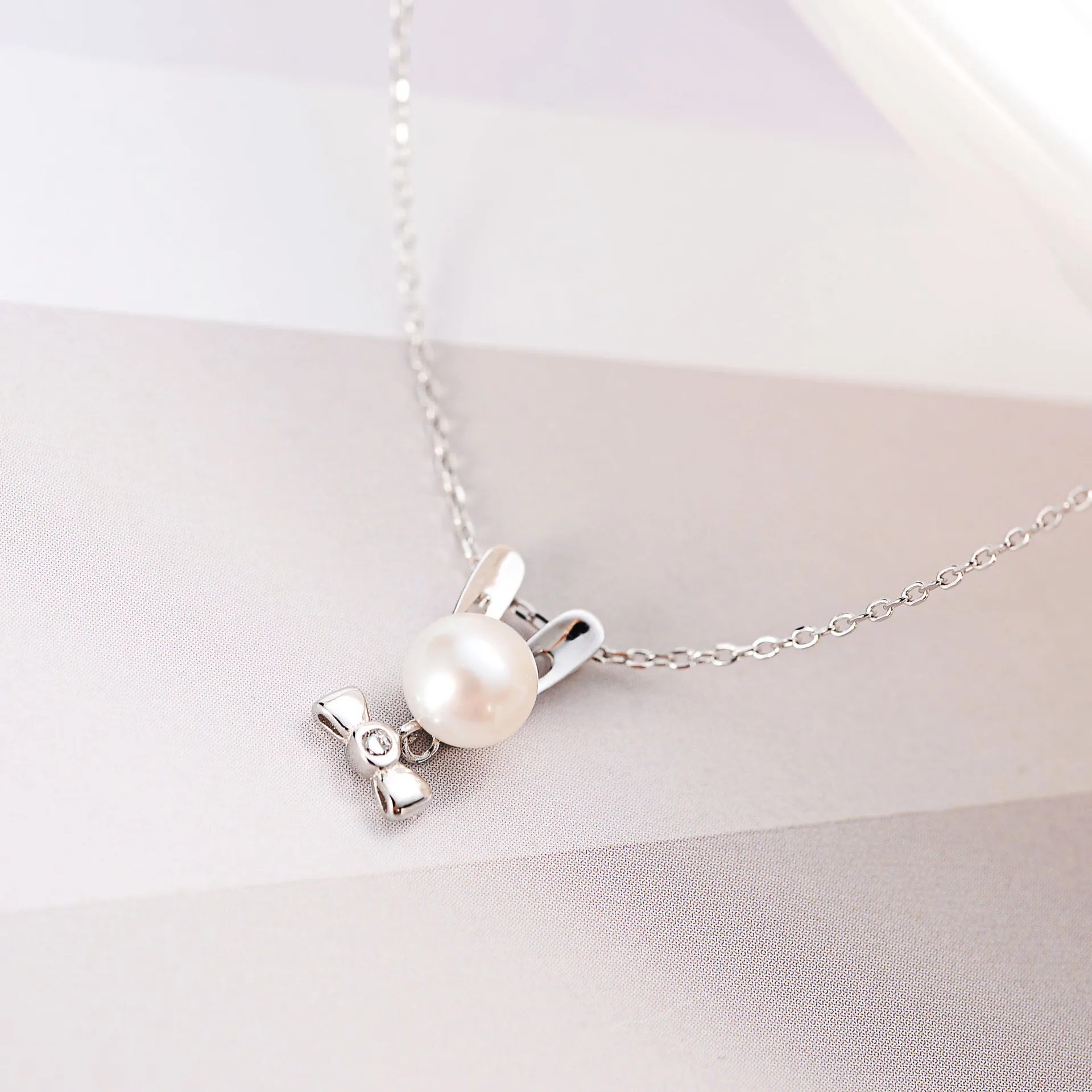 bow rabbit pearl woman necklace 100% 925 Sterling silver nacklace Jewellery Clavicle chain pendant charms gift