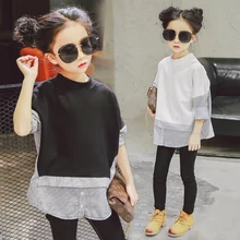 2017New pour Printemps grandes filles Plein Patchwork De Mode T-shirts O-cou pour 3-14Ygirls