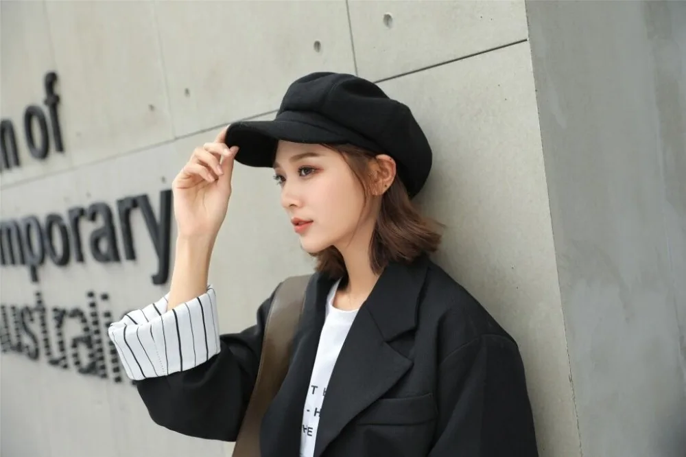 MAERSHEI wool Women Beret Autumn Winter Octagonal Cap Hats Stylish Artist Painter Newsboy Caps Black Grey Beret Hats