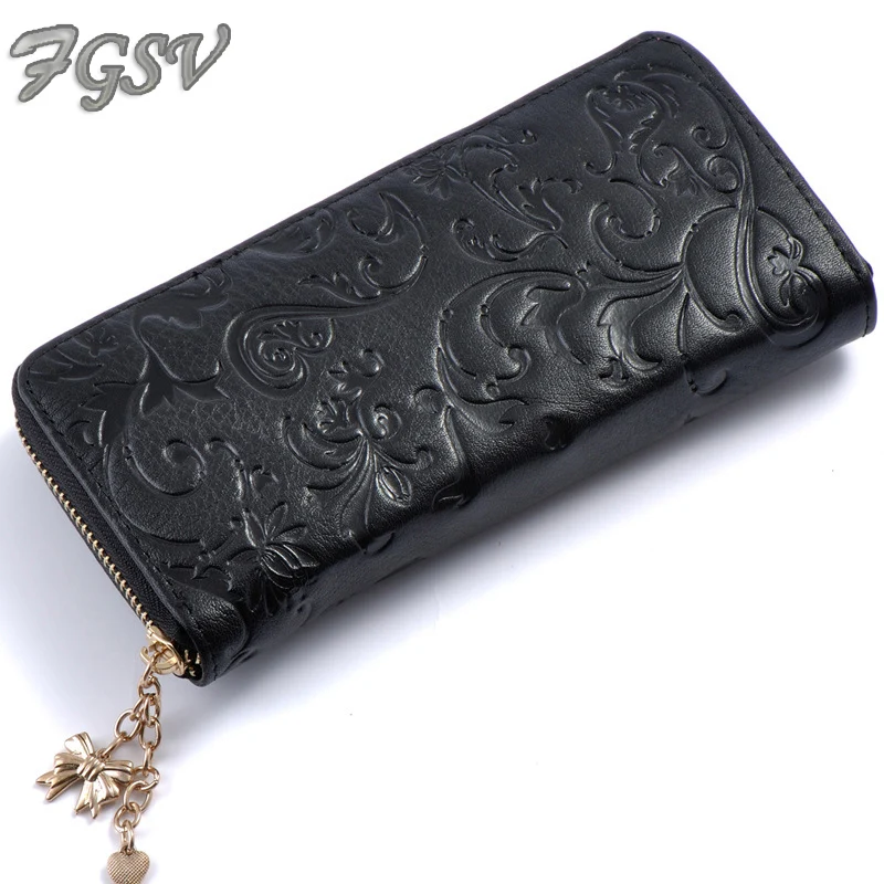 

FGSV High quality genuine leather lady zipper wallet glory flower pattern women long wallets fashion designer purse FGS52