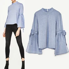 2017 Sale New Arrival Cotton Fashion Broadcloth Plus Size Blouse Body Woman Shirt Sleeves Small Collar Loose Speaker Sleeve Tie