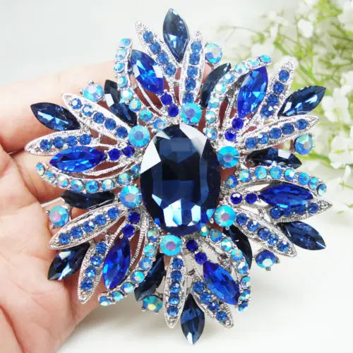 

Classic Retro Style Blue Rhinestone Crystal Flower Silver-plate Large Brooch Pin