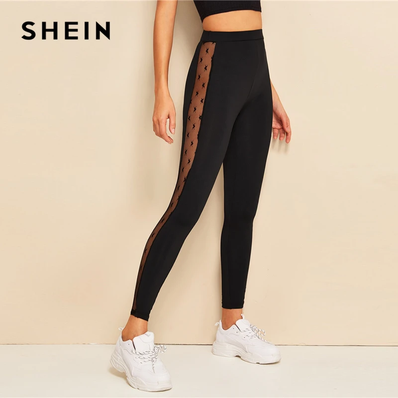 SHEIN, контрастные сетчатые леггинсы, сексуальные женские леггинсы,, новая мода, для фитнеса, черные, одноцветные, женская одежда, длинные леггинсы