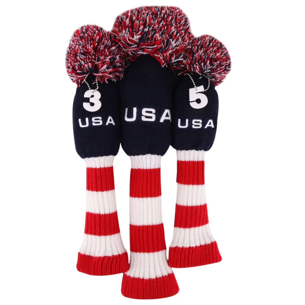 

Golf Wood Club Cover Headcovers (1,3,5) Head Covers Set for Driver Fairway Pom Pom Knit Long-neck Sock USA Style Red White Blue