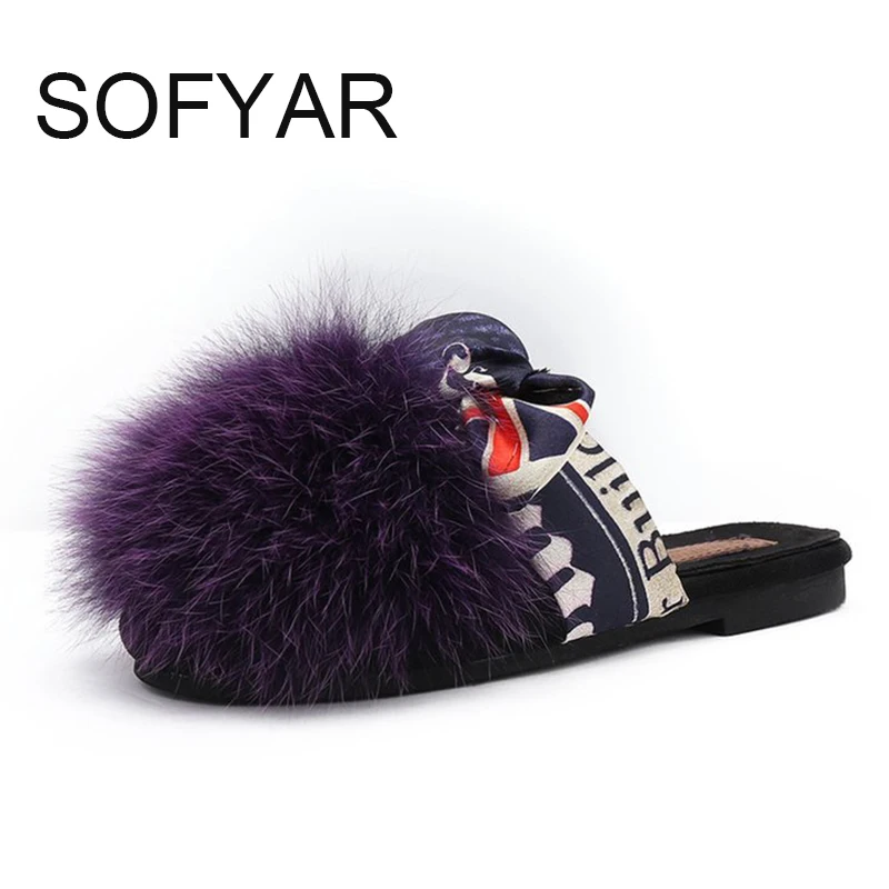 

ladies furry slippers female fashion silk bowknot half slippers outside wear comfortable women's shoes with flat beautiful