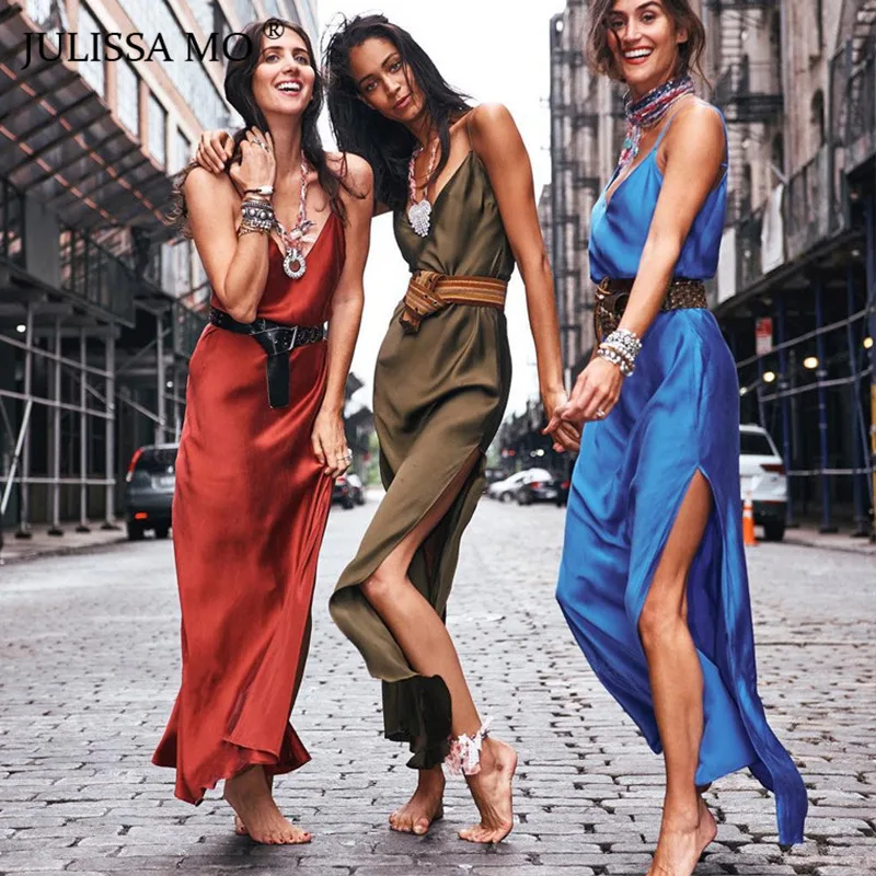 

JULISSA MO Spring Spaghetti Strap Maxi Party Dress Women Sexy V Neck Backless Dress 2019 Elegant Split Cami Long Dress Vestidos