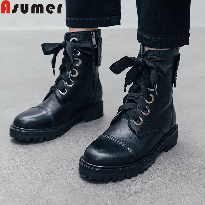 ASUMER/ г. Новые ботинки из натуральной кожи женские ботинки на шнуровке с круглым носком классические ботильоны для женщин на среднем каблуке с молнией размеры 34-40