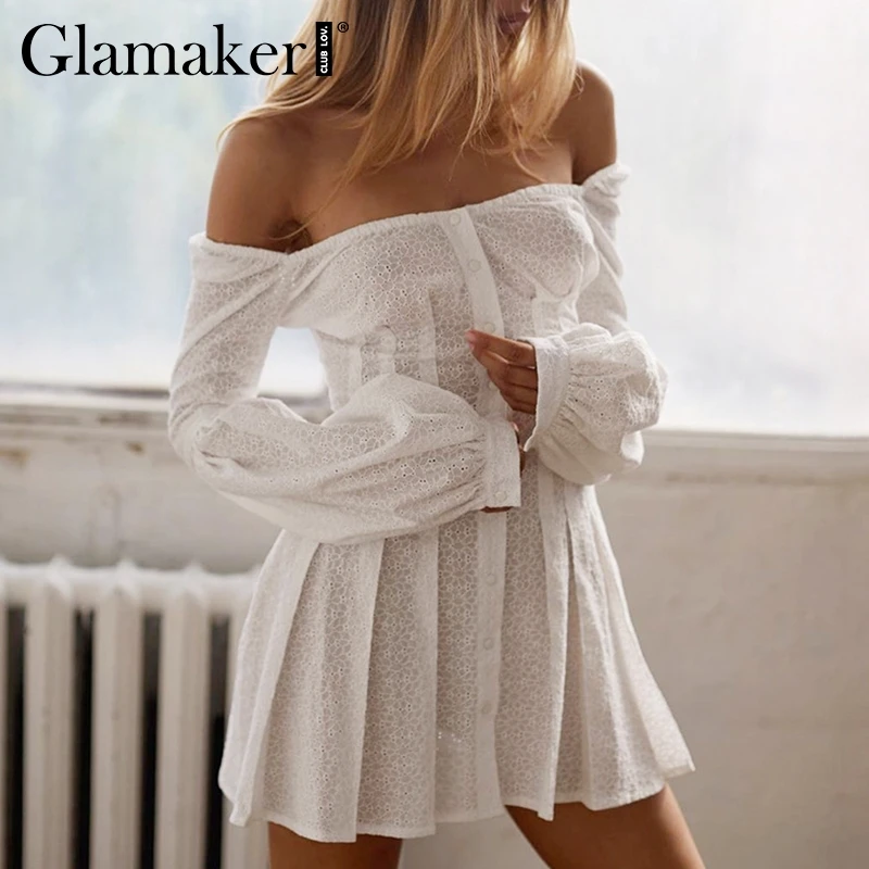 

Glamaker Off shoulder pleated slash neck dress Women summer long sleeve bodycon dress Elegant female sexy a line short dress new
