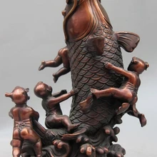 Bi002627 Китай Бронза Медь Фэн-Шуй Талисман Мальчик Играть дракон Рыба Карп Статуя Скульптура