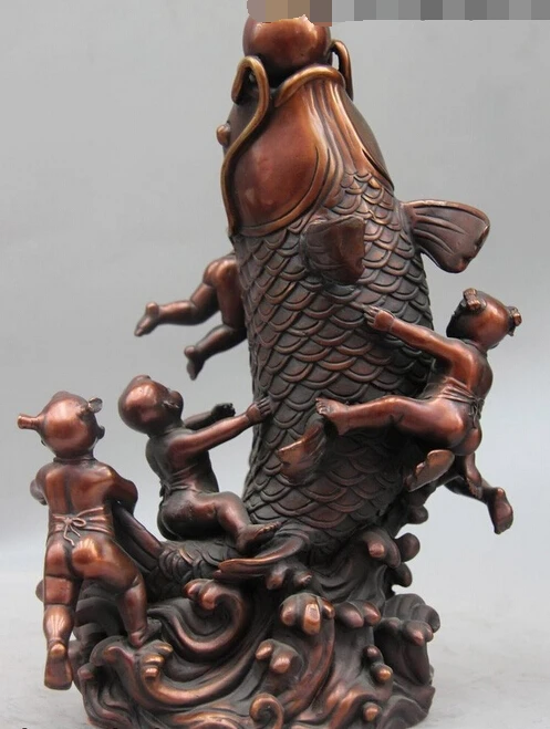 

bi002627 China Bronze Copper Feng Shui Mascot Boy Play dragon Fish Carp Statue Sculpture