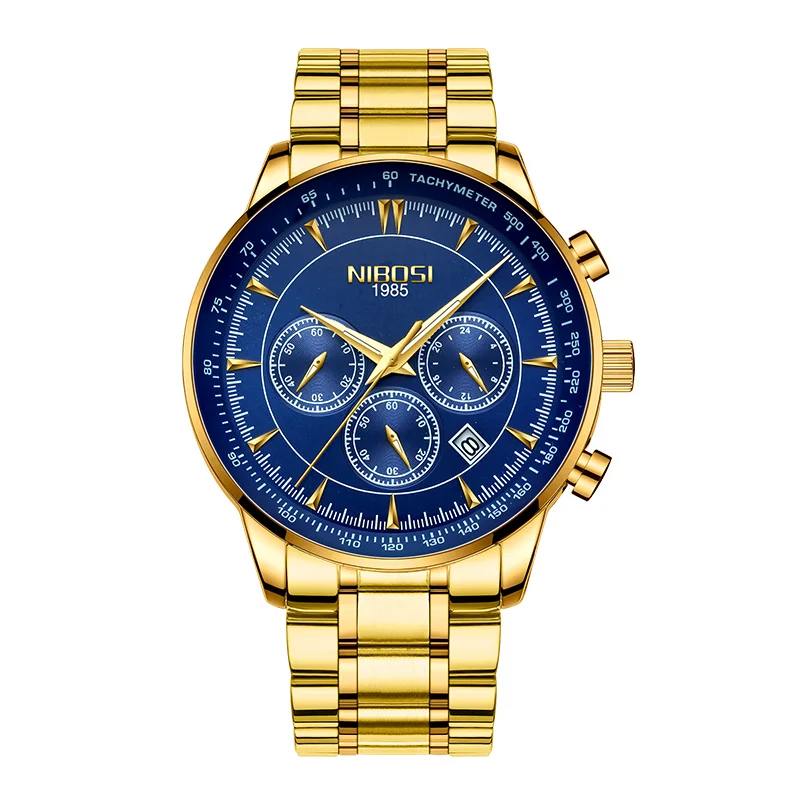 Relogio Masculino NIBOSI мужские часы Роскошные брендовые водонепроницаемые кварцевые часы с датой Бизнес часы мужские золотые мужские часы Saat - Цвет: Gold blue steel