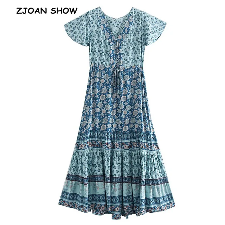 

2019 New Bohemian Location Flower Print short sleeve Dress Ethnic Woman Lacing up Waist Swing A-line Maxi Long Dresses Beach