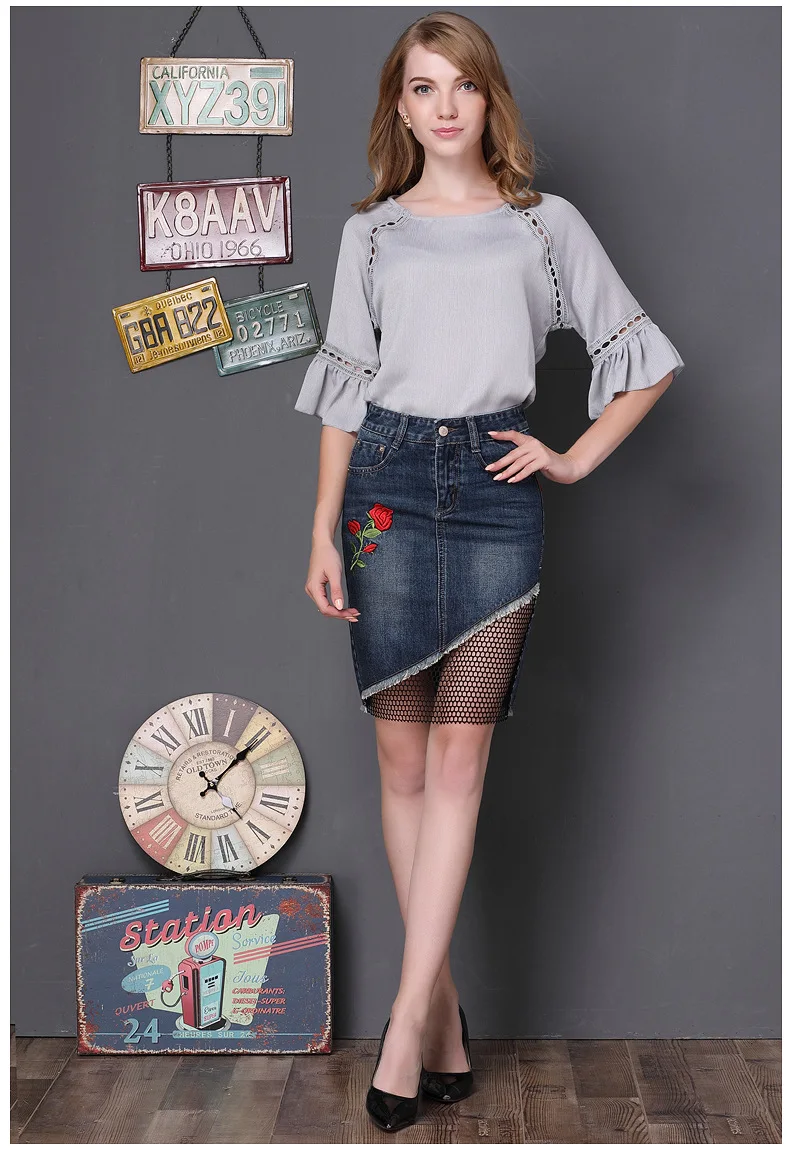rose embroidered splicing denim skirt 2017 autumn fishing net package hip skirts large size needlework female skirts GL1050 (6)
