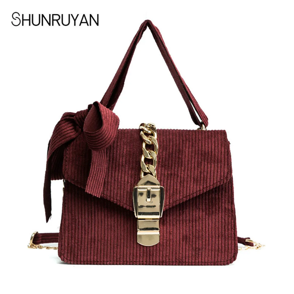 

SHUNRUYAN Luxury Corduroy Messenger Bags Women Bowknot Chains Flap Bag Ladies Fashion Solid Color Hasp Shoulder Bags 4 Colors