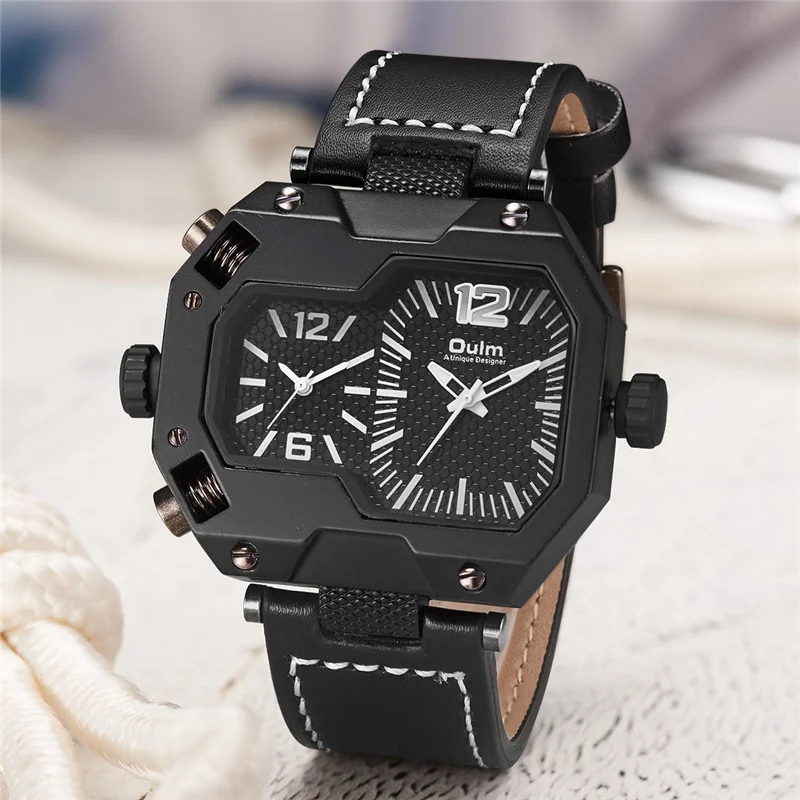 

Oulm New Genuine Leather Watches Men Luxury Brand Sport Quartz Watch Male Big Size Square Two Time Zone Men's Military Watches
