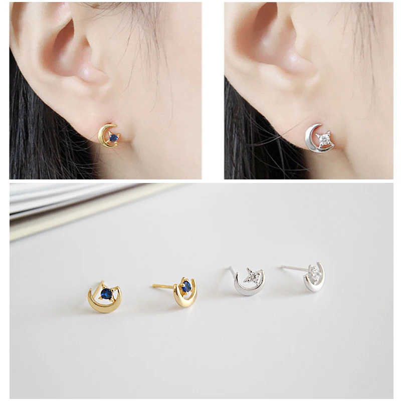 

925 Sterling Silver Moon Stud Earrings Ear piercing Jewelry for Women