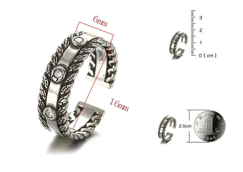 Винтажные 925 пробы-серебряные ювелирные изделия, римская веревка, крученые кольца с кристаллами, черные тайские серебряные кольца, старое серебро, мужские кольца, 16 мм, S-R09