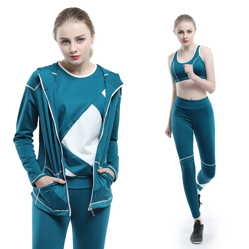 

2018 New Yoga Set Women Long Sleeve Shirt Zipper Hoodies Sport Bra Running Pants 4 Pcs Sport Suit Breathable Fitness Gym Clothes
