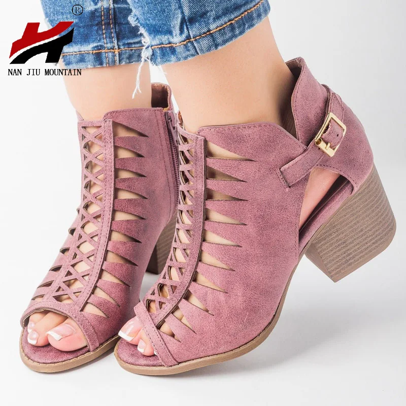 NAN JIU MOUNTAIN Shoes Woman Fashion Summer Women's Shoes Rome Zipper Open Toe Hollow High-Heeled Sandals Plus Size 34-43