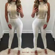 Элегантный белый комбинезон без рукавов с открытыми плечами Женский Летний комбинезон сексуальное облегающее платье для вечеринки одежда сетка прозрачный блестками