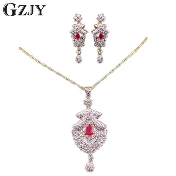 

GZJY Exquisite Jewelry Gold Color Red&Green AAA Zircon Pendant Necklace Earrings Set For Women Wedding Party Bridal Jewelry
