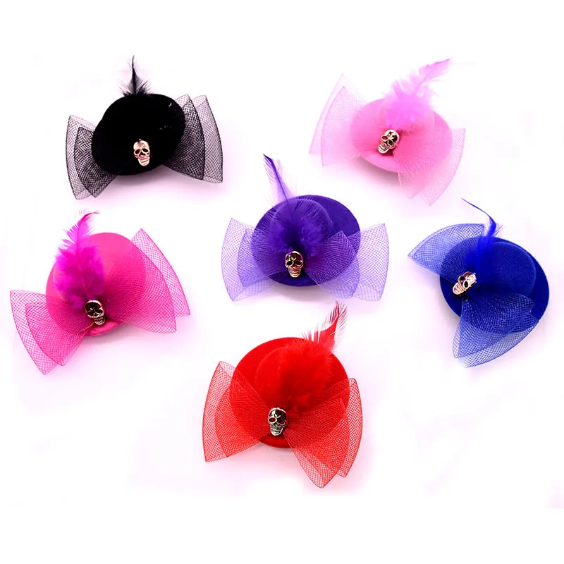 

50pcs Dog Feather Lace Cap Halloween skull style Dog Holiday Wedding hat Dog Hair Accessories 7CM