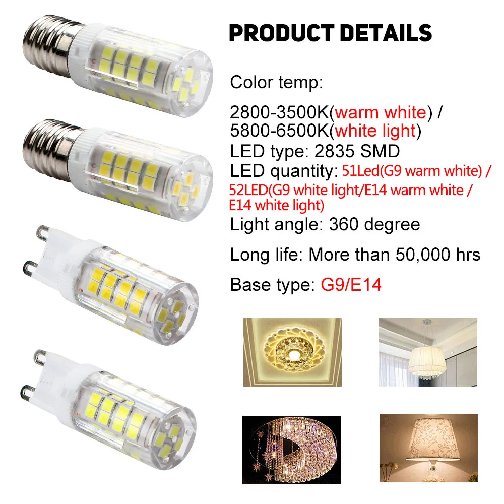 E14 G9 SMD 2835 кукурузный светильник 51/52LED энергосберегающий кукурузный светильник AC 220 В Точечный светильник люстра светильник ing теплый белый/белый