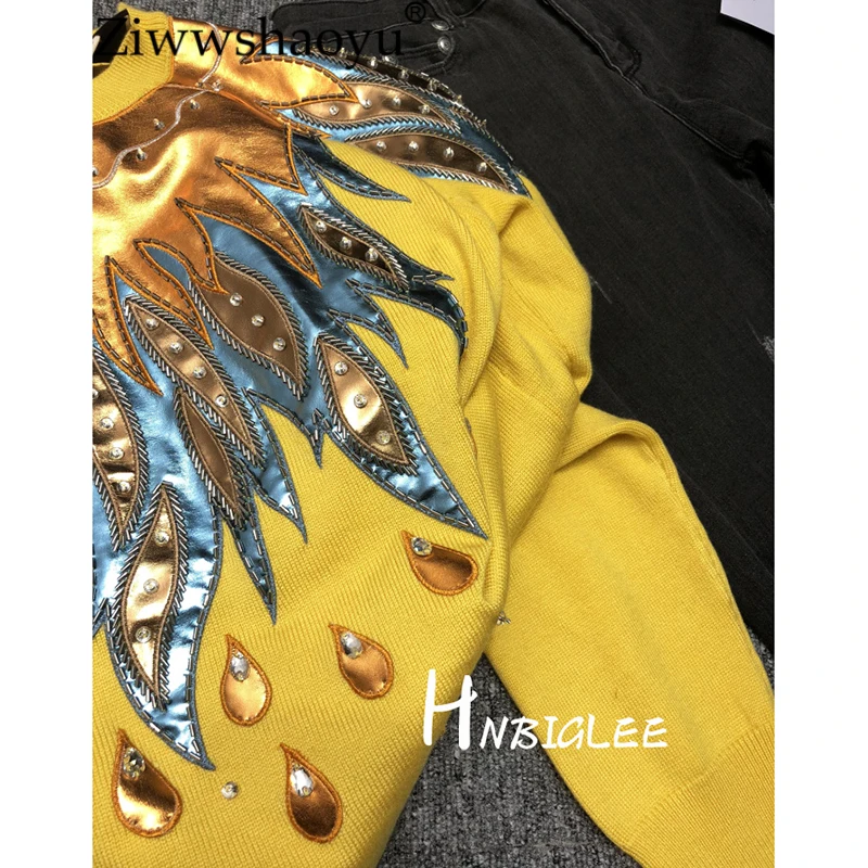 Métal Chandail Pull Laine En D'hiver Cuir Longues Manches Ziwwshaoyexquisite Perlée Texture Brodé Femmes De À 18 pq0FRw5