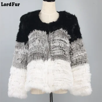 

(TopFurMall) Lady Real Knitted Rabbit Fur Coat Jacket Autumn Winter Genuine Women Fur Striped Outerwear Coats LF4031