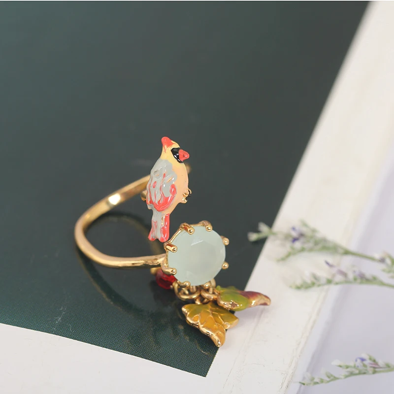 

Fashion Enamel Animal Ring For Women Parrot Set Jewel Hatch Can Adjust Cooper Prong Stone Ring Mixed Batch Maple Leaves