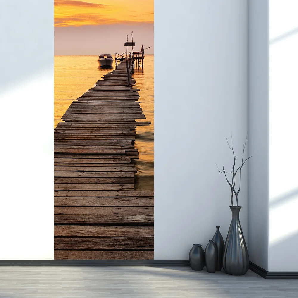 Вид на море росписи Приморский Pier закат пейзаж 3d Двери укладки наклейки дома гостиная украшения стены Съемные виниловые обои