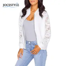Womens Crochet Lace Bomber Jacket Long Sleeve Zipper Coat Tops Casual Stand Collar Slim Fit Outerwear Plus Size Black White