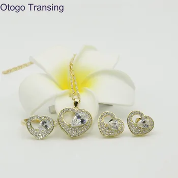 

Otogo Transing 925 Sterling Gold Color White Crystal AAA Heart Ring Pendant Necklace Earrings Jewelry Sets For Women made S210