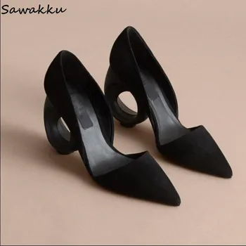 

Popular Designer Suede Leather Women Pumps Sexy Strange Hollow Out Circle High Heels Pointed Toe Runway Party Shoes Woman